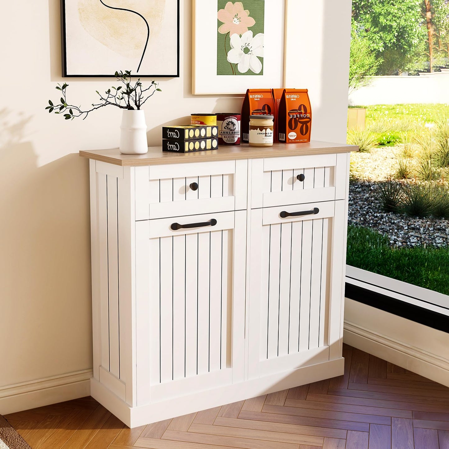 Prapark Elegant Farmhouse Double Tilt Out Trash Can Cabinet with Storage Drawer - Hidden Wooden Design for Kitchen & Living Room, Fits 2x10 Gallon Bins (White) - WoodArtSupply