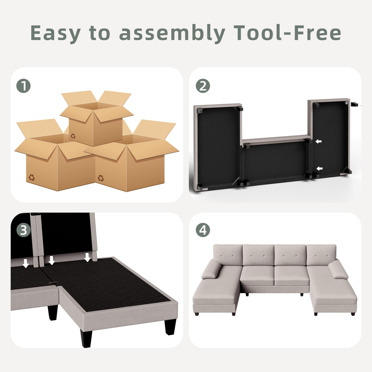 Shintenchi Sectional Sofas for The Living Room, U-Shaped Couch with Dual Chaise Lounge, 4-Seat Furniture Set Featuring Soft Cushions and Linen Fabric,Creamy White Shintenchi