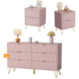 Anbuy Bedroom Sets 3 Pcs Pink Night Stand Sets and Large 6 Drawer Dresser for Bedroom, Two Drawers Nightstand Set of 2 & 6 Drawer Dresser Combo 3pcs (Pink