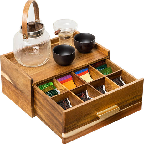 Acacia Wood Tea Bag Organizer, Tea Organizers and Storage Box, Tea Caddy for Tea Bags Storage Drawer, Teabag Holder Container Boxes for Countertop, Tea Station Chest Display Wooden, Organizador De Te FLYIEE