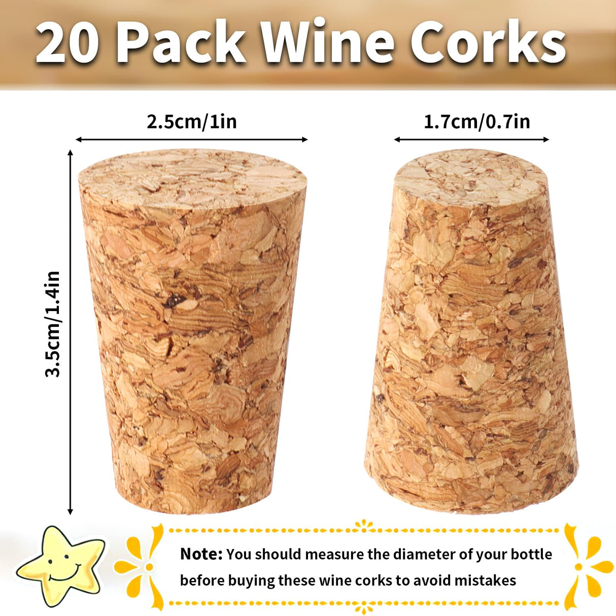 20 Pack Soft Wood Tapered Corks, Leakproof Plugs for Wine, Beer & Liquor Bottles, DIY Crafts 0.940.671.38 In Svalor