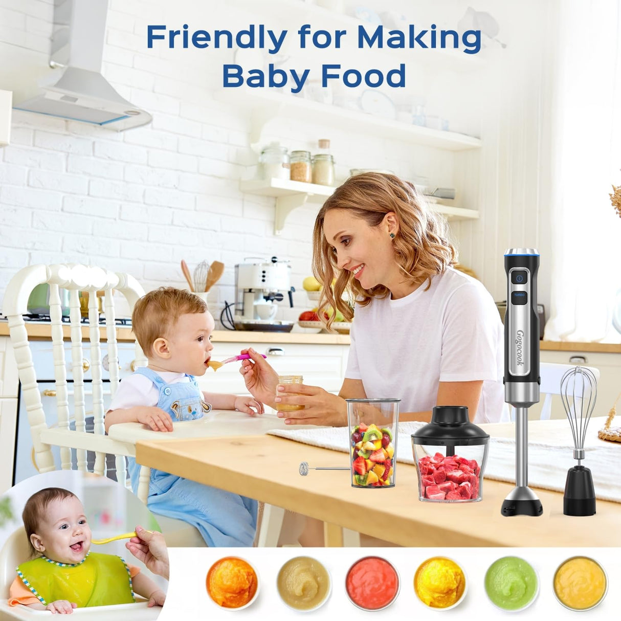 Immersion Blender 5 in 1 Hand Blender, Electric Blender Max 1000W Heavy Duty Motor, 21 Speed & Turbo Mode Handheld Blender, Milk Frother, Egg Whisk, 800ml Beaker, 600ml Chopper Stainless Steel Blades Gogocook