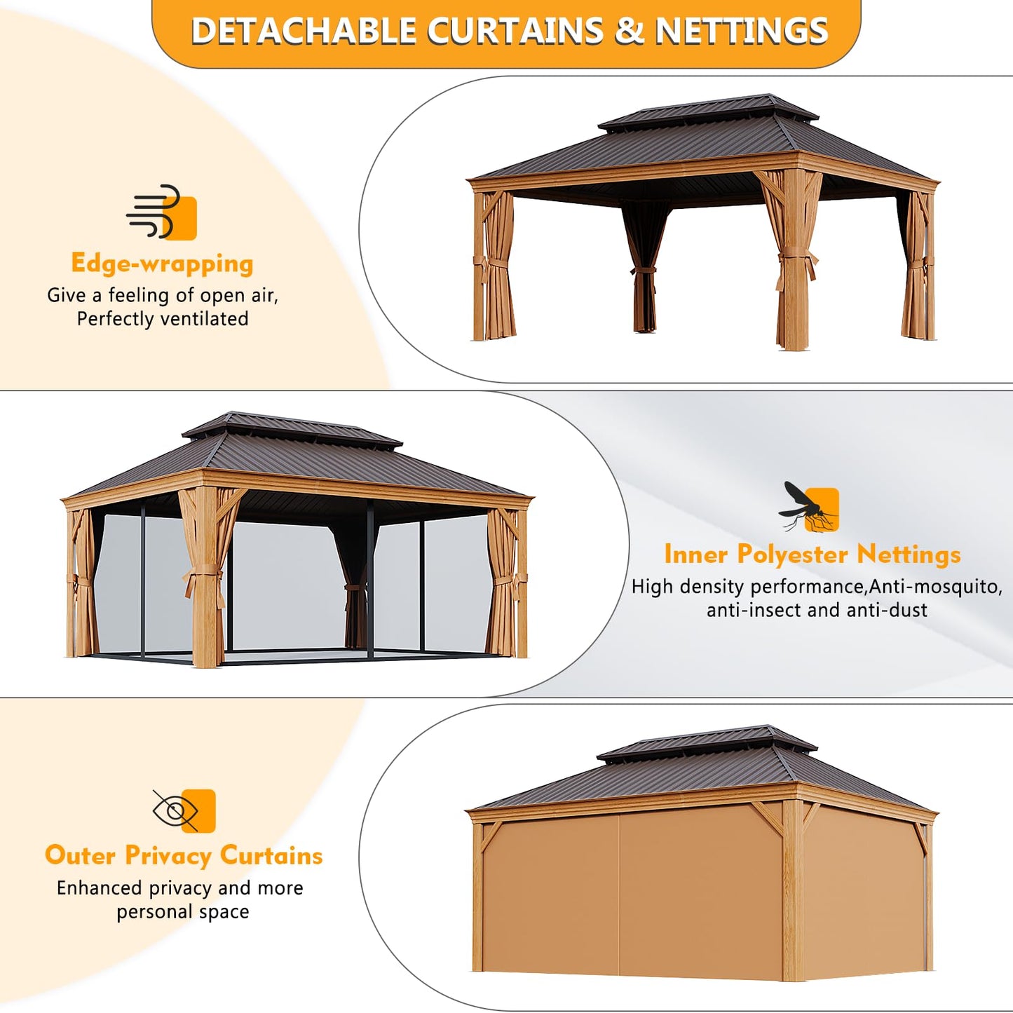 Jolydale 12' x 16' Gazebo, Wooden Finish Coated Aluminum Frame Canopy, Galvanized Steel Double Top, Outdoor Permanent Metal Pavilion with Privacy Curtains and Netting, for Patio, Deck and Bac - WoodArtSupply