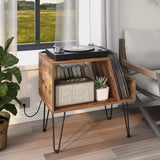 Tohomeor Vinyl Record Player Stand with LED Light Charging Station USB Port Turntable Stand LPs Album Storage Cabinet Wooden Sofa End Table Nightstand for Bedroom Living Room Office Tohomeor