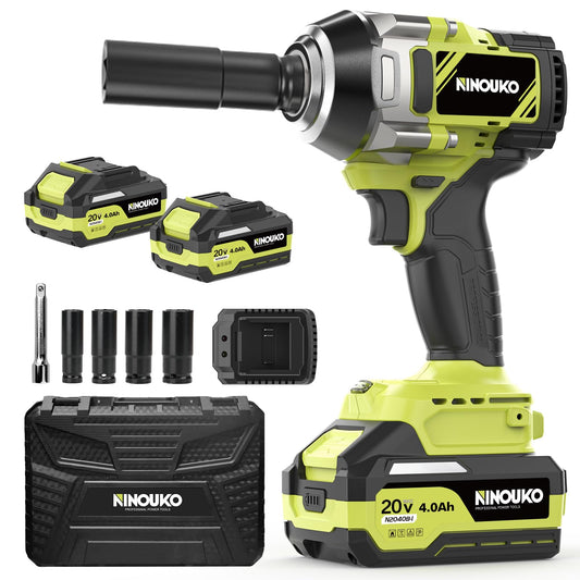 1000N.m (740 ft-lbs) Cordless Impact Wrench, 20V High Torque Brushless 1/2" Impact Gun with 2 x 4.0Ah Batteries and Fast Charger, 4 Sockets, 125mm Extension Bar - Perfect for Home, Car, and T - WoodArtSupply