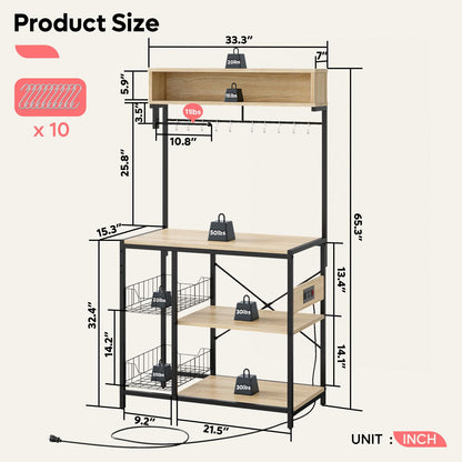 Bestier Bakers Rack with Power Outlet, 10 Hooks Coffee Bar with Wire Basket, Microwave Stand with Paper Holder, Adjustable Kitchen Storage Shelf for Spice, Pots and Pans Organizer, Oak