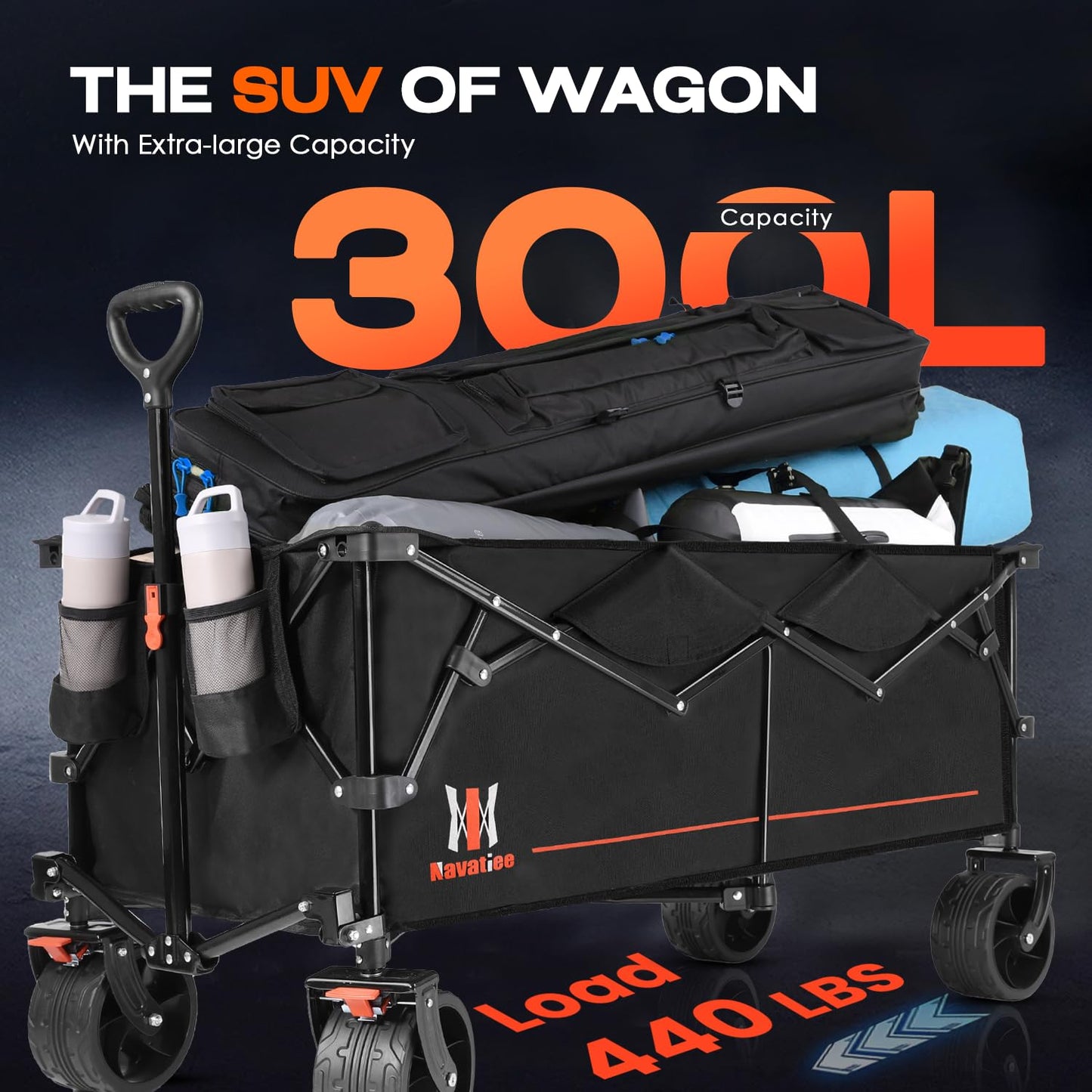 Navatiee 300L Large Collapsible Wagon Cart Foldable, 48''L Folding Extended Beach Wagon with 440LBS Weight Capacity and Big All-Terrain Wheels, Heavy Duty Utility Garden Cart for Sports Outdoor