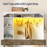 HOOBRO Hall Tree with Bench, 59" Entryway Bench with Coat Rack and Shoe Cabinet, LED Farmhouse Hall Tree with Shoe Storage, 13 Shoe Cubbies and Barn Doors, Wooden, Mud Room, White WT190DMT01 HOOBRO
