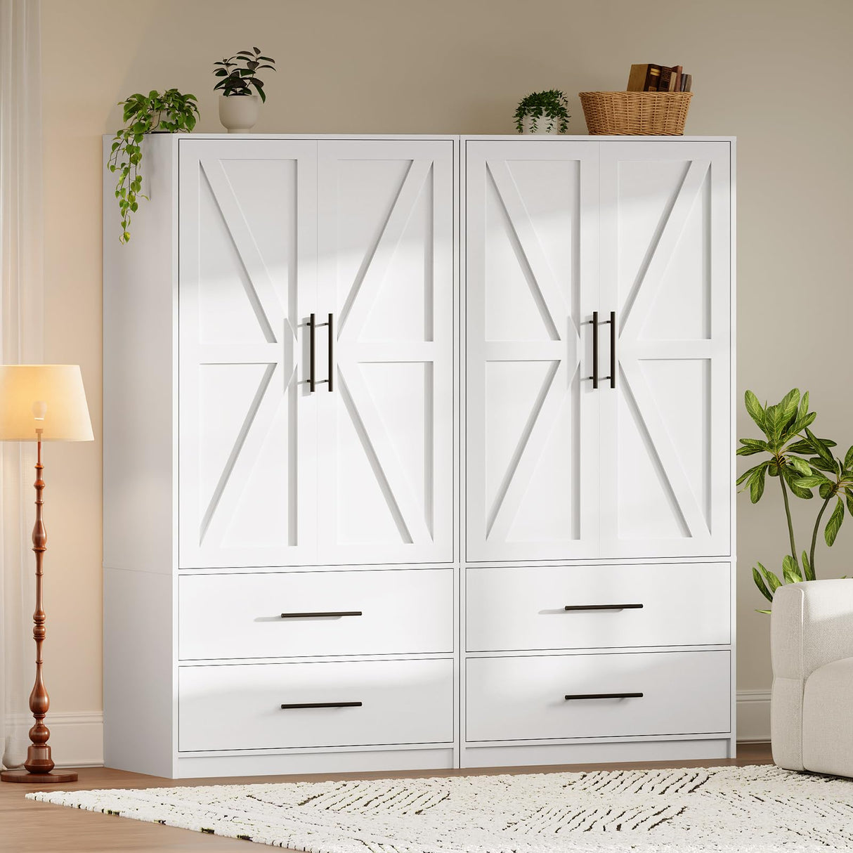 HOOBRO Armoire Wardrobe Closet with 2 Drawers, 70.9" Tall Wardrobe Cabinet with Hanging Rod, 2 Doors Bedroom Armoires, Farmhouse Clothing Storage Cabinet, Wooden Armoire for Bedroom, White HOOBRO