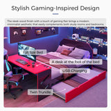 Hennhari Full Size Bed with Twin Trundle and Charging Station, Gaming Flair Wood Bed Frame with Desk and USB Charging for Bedroom or Study Rooms, No Box Spring Needed (Red) Hennhari