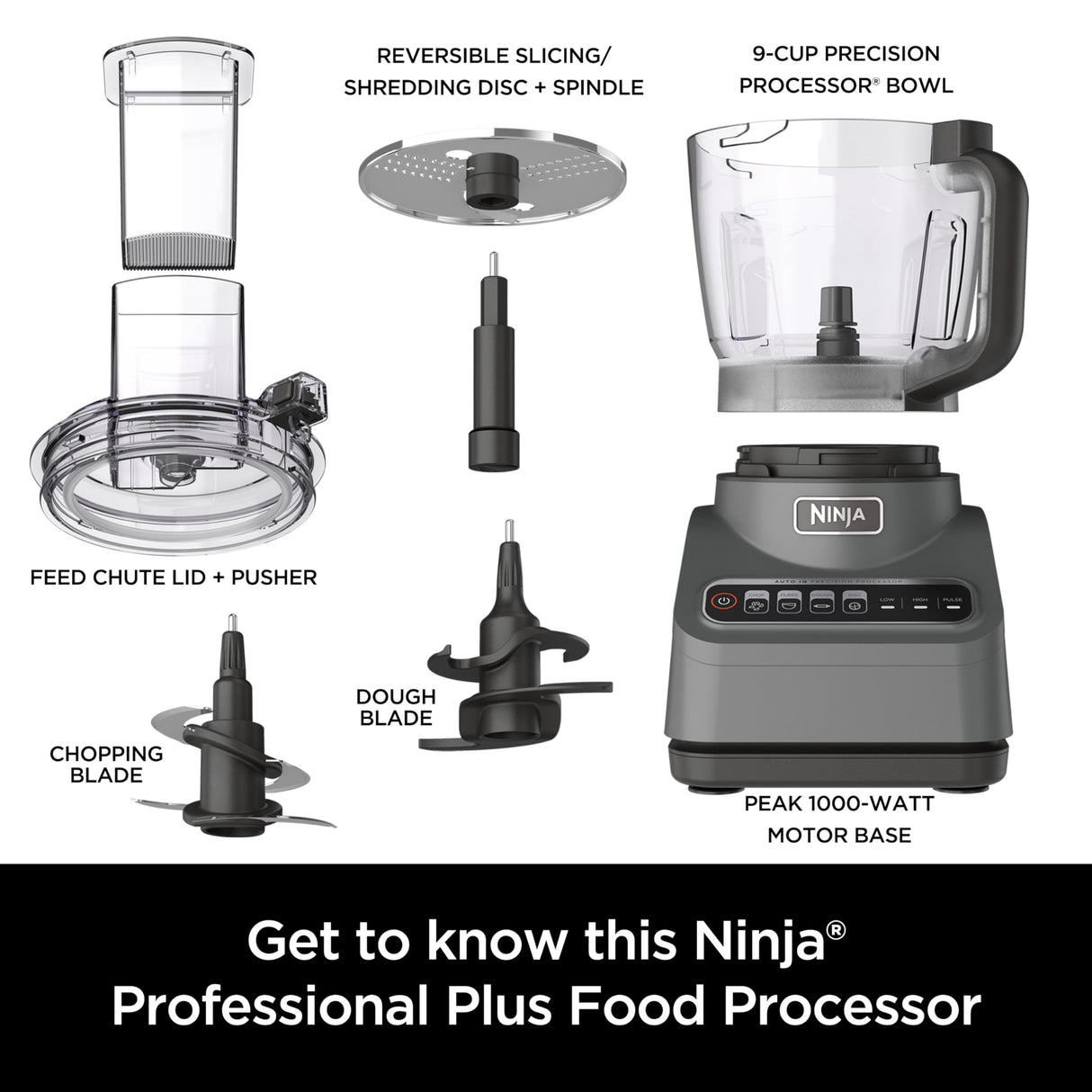 Ninja Food Processor, Professional Plus, 1000 Peak Watts, 4 Functions for Chopping, Slicing, Purees & Dough with 9-Cup Processor Bowl, 3 Blades, Food Chute & Pusher, Silver, BN601 Ninja