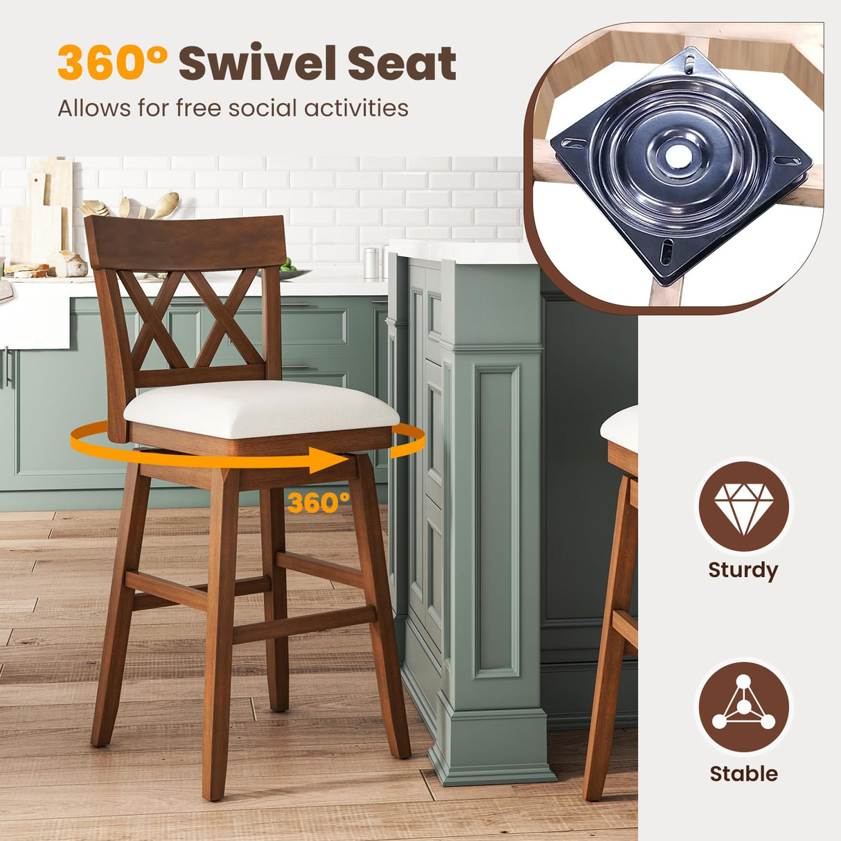 Giantex 31" Bar Stool, Swivel Bar Height Bar Chair with Contoured Backrest, Padded Seat & Rubber Wood Legs, Farmhouse Wooden Barstool for Kitchen Island, Restaurant & Pub Giantex