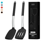 Home Hero Silicone Spatula Set with Ergonomic Handles - Stainless Steel High Heat Resistant Solid & Slotted Turner, BPA Free Non Stick Kitchen Utensils Set - Rubber Spatula (2 Pcs - Black) Home Hero