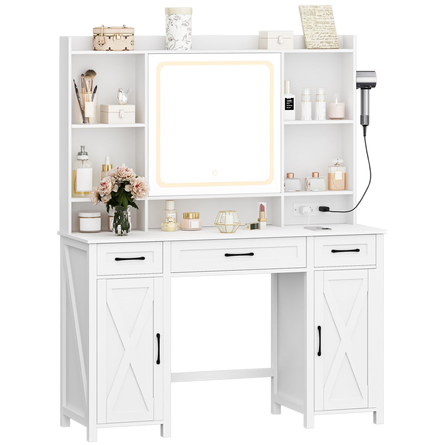 HILINSIE Vanity Desk with Adjustable Mirror Light, Power Outlet, Farmhouse Vanity Table Desk with Hair Dryer Holder, Drawers, Storage Cabinets with Adjustable Shelves, Bedroom Dressing Table, - WoodArtSupply