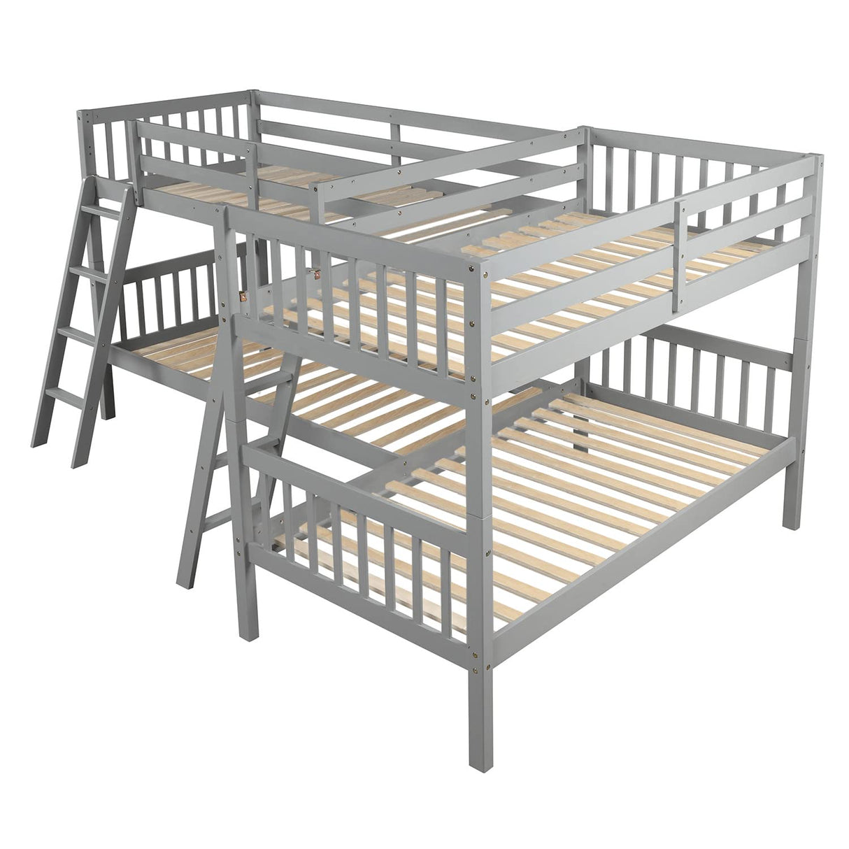 Harper & Bright Designs L-Shaped Bunk Bed Twin Over Twin,Quad Bunk Bed with Guardrail & Angle Ladder,Twin Bunk Beds for 4 Kids,Wood Corner Beds for Bedroom, No Box Spring Needed,Grey Harper & Bright Designs