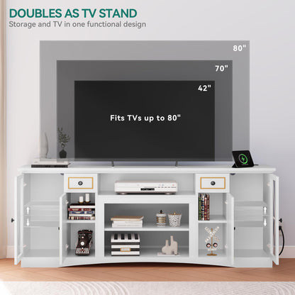 YITAHOME LED Home Modern Farmhouse TV Stand for up to 80 Inches Tvs, Wood Entertainment Center with Socket & Storage Drawers, TV Cabinet for Living Room, Ivory 70"