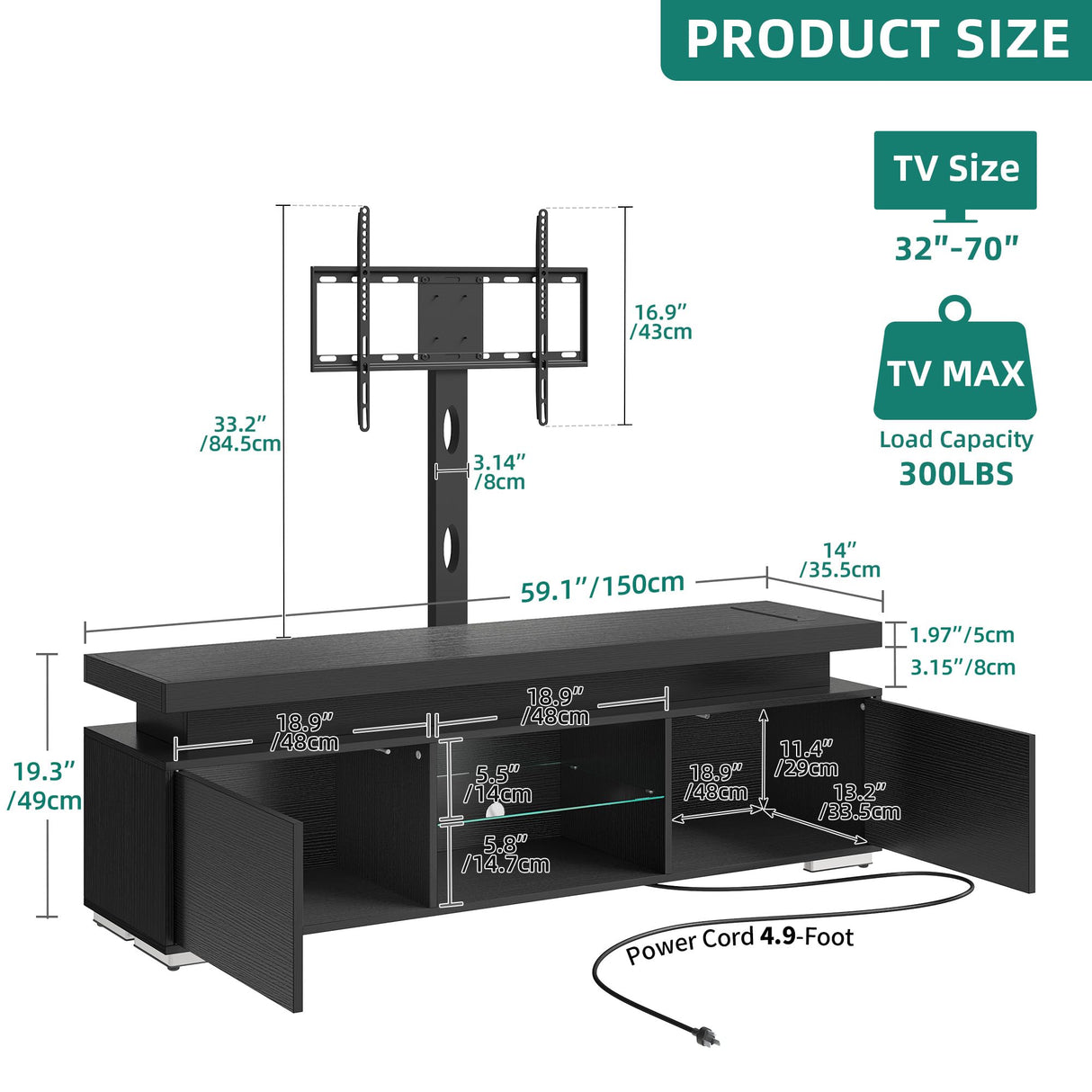 YITAHOME Black TV Stand for Living Room with Height Adjustable Mount, Entertainment Center for 70/65 Inch TVs w/LED Lighting, 4 Power Outlets & USB Ports, Modern Media Console with Storage Shelves YITAHOME