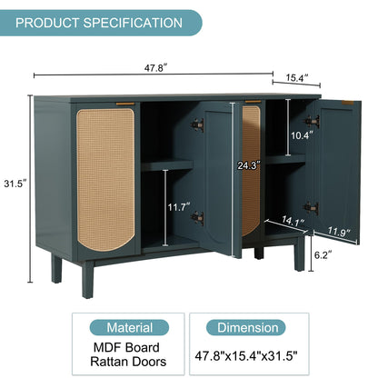 ARTPOWER Sideboard Buffet Cabinet with 4 Rattan Doors, Accent Storage Cabinet with Shelves, Free Standing TV Console Table, Modern Teal Cabinet for Kitchen, Dining Room, Living Room, Bedroom, Hallway