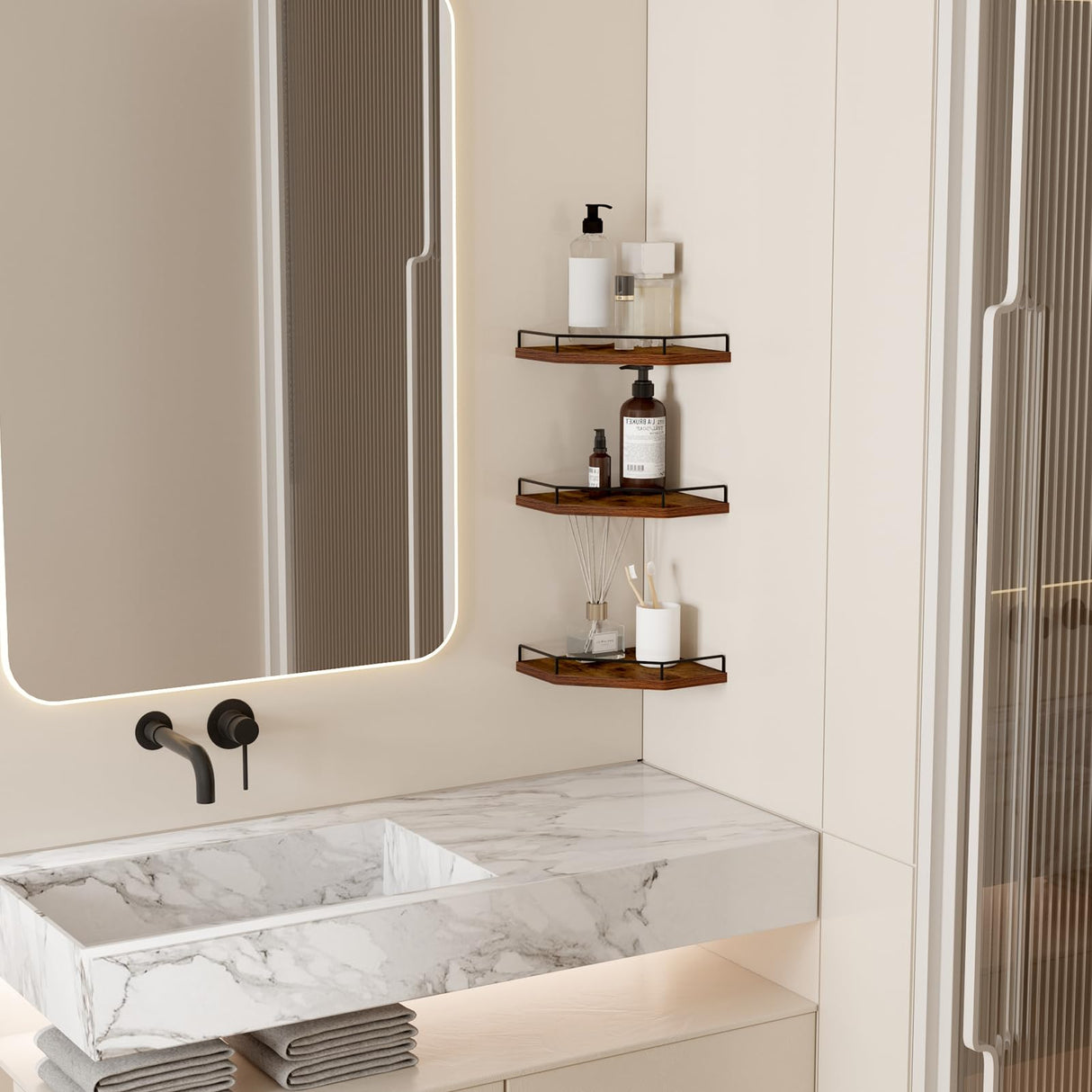 HORLIMER Floating Corner Shelf Wall Mount, 3 Pack Rustic Wood Corner Wall Shelves with Fence for Bedroom, Bathroom, Kitchen, Living Room, Brown HORLIMER