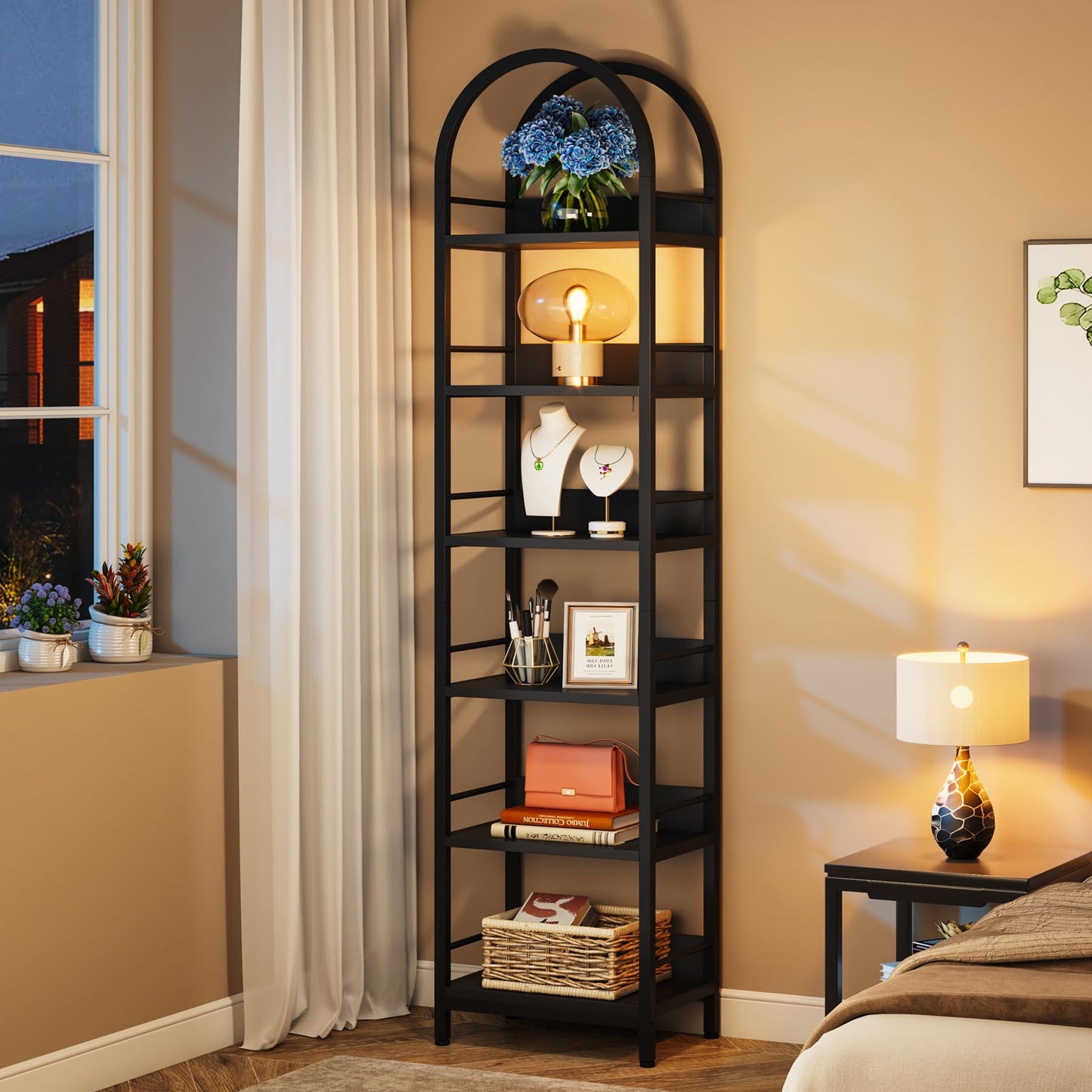 Arched 6-Tier Corner Bookshelf by Tribesigns - 78.7" Tall Freestanding Black Display Shelf - WoodArtSupply