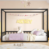 Bellemave Canopy Floor Bed with 4 Posters, Metal Twin Size Montessori Floor Bed with High Fence, Anti Bump Design, Easy Assemble Montessori Beds, Twin, Black Bellemave