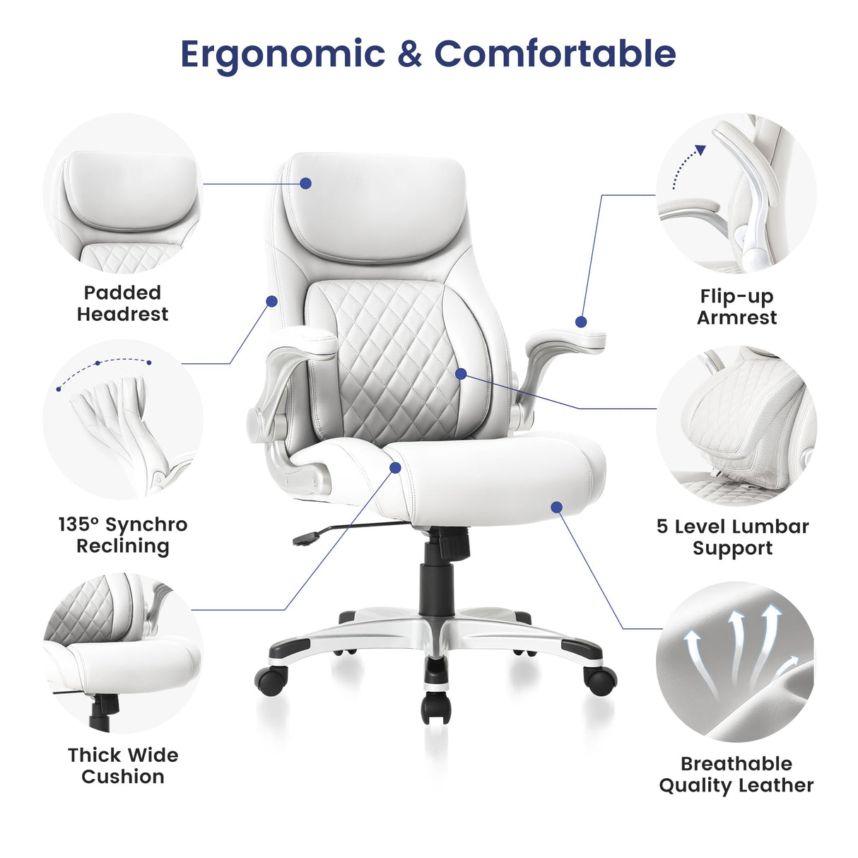 Nouhaus Ergonomic Office Chair Premium Microfiber Leather Adjustable Lumbar Support & Armrests, High Back Comfy Desk Gaming Chairs Executive Computer Swivel Chair Tilt Function(Posture,White) Nouhaus