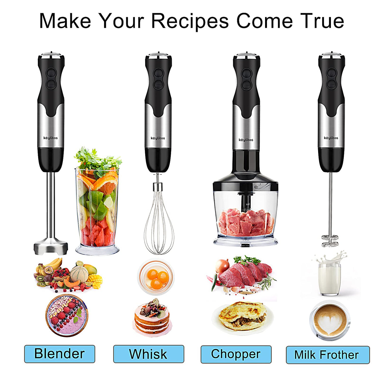 Keylitos 5 in1 Immersion Hand Blender, Powerful 12 Speed Handheld Stick Blender with 304 Stainless Steel Blades, Chopper, Beaker, Whisk and Milk Frother for Smoothie, Baby Food, Sauces Red,Puree, Soup Keylitos