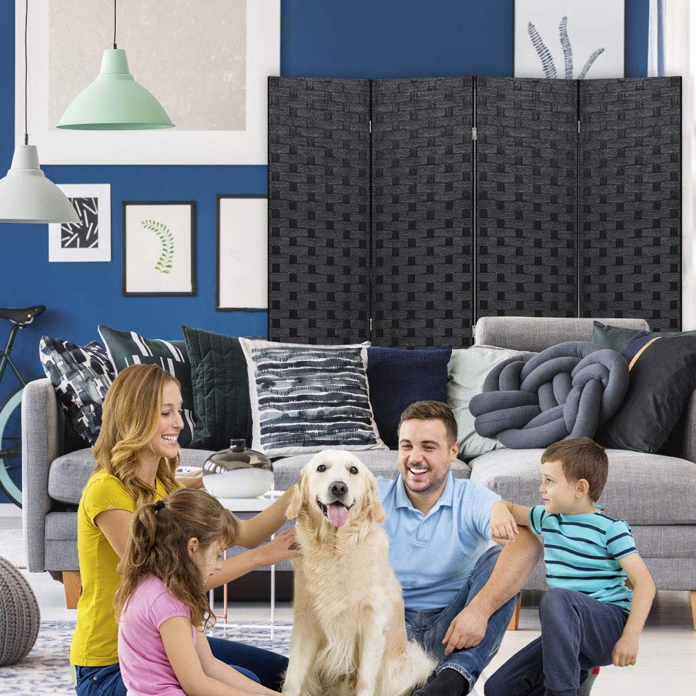 Room Divider 6FT Wall Divider Wood Screen 4 Panels Wood Mesh Hand-Woven Design Room Screen Divider Indoor Folding Portable Partition Screen,Black FDW