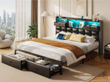 Rolanstar Bed Frame King Size with Drawers and Charging Station, Upholstered Platform Bed with Storage Headboard and LED Light, Heavy Duty Metal Frame Support, No Box Spring Needed, Noise Free, Black Rolanstar