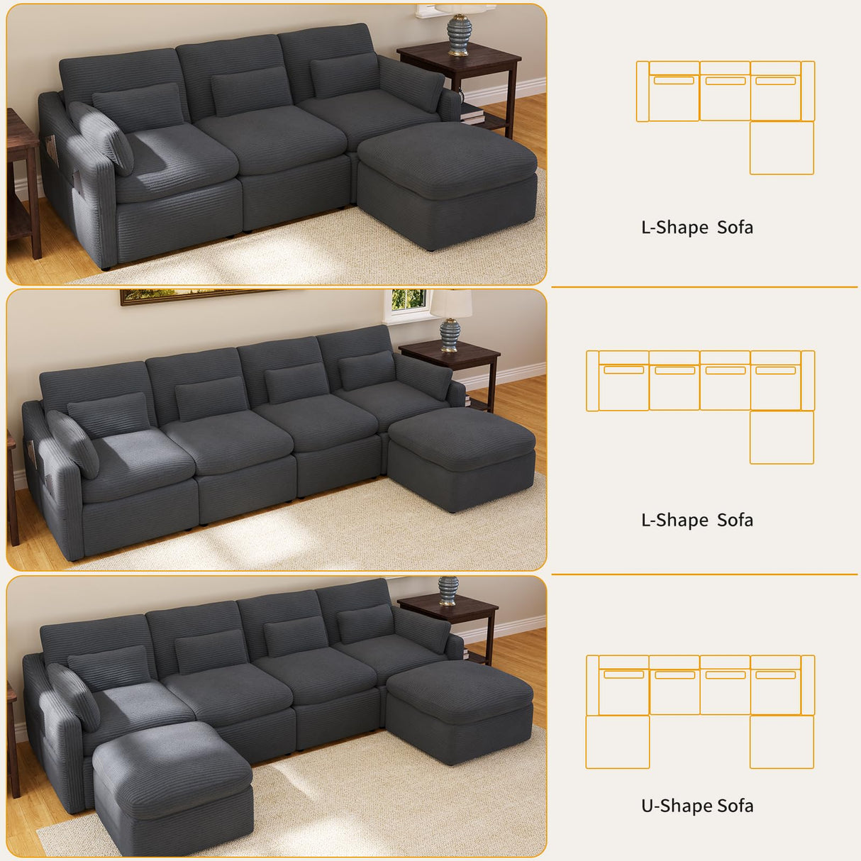 ISHUHL Cloud Modular Sectional Sofa, 124" Oversized Sectional Couches for Living Room, Convertible Deep Seat Sofa Set, Corduroy U Shaped Couch with 2 Ottoman (Dark Grey) ISHUHL