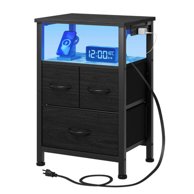 Furnulem Black Nightstand with Wood Shelf, Bedside Table with Led Light and Charging Station, 25.8 Inch End Table with 3 Fabric Storage Drawers, Small Side Table Night Stand for Bedroom Furniture