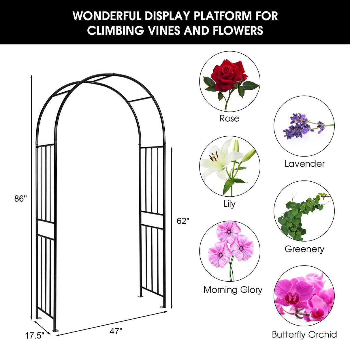 S AFSTAR 7.2Ft/86 Inches Metal Arch, Outdoor Garden Arch for Various Climbing Plant Flower, Wedding Backdrop Stand Arch Arbor for Wedding Garden Bridal Party Festival Decoration, Easy-to-Assemble S AFSTAR