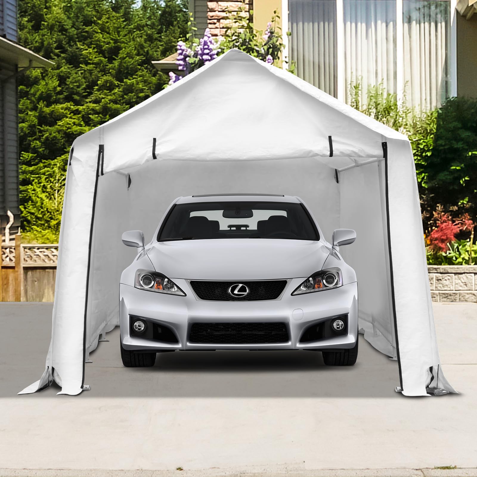 17x10 ft Carport Canopy Heavy Duty Waterproof Garage Car Shelter Storage Shed with Walls and 2 Doors - WoodArtSupply