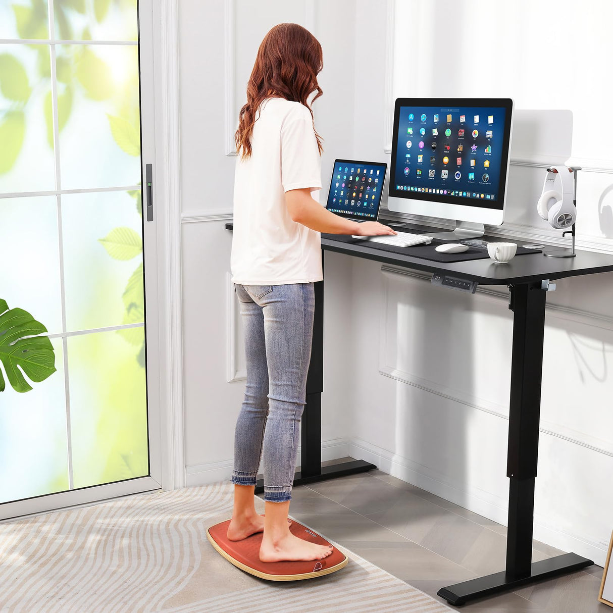 farexon Electric Standing Desk Adjustable Height, 55 x 24 Inch Stand up Desk with Large Mouse Pad, Rolling Wheels & Foot Pad,27''-46'' Lifting Range Home Office Computer Desk(Black) farexon