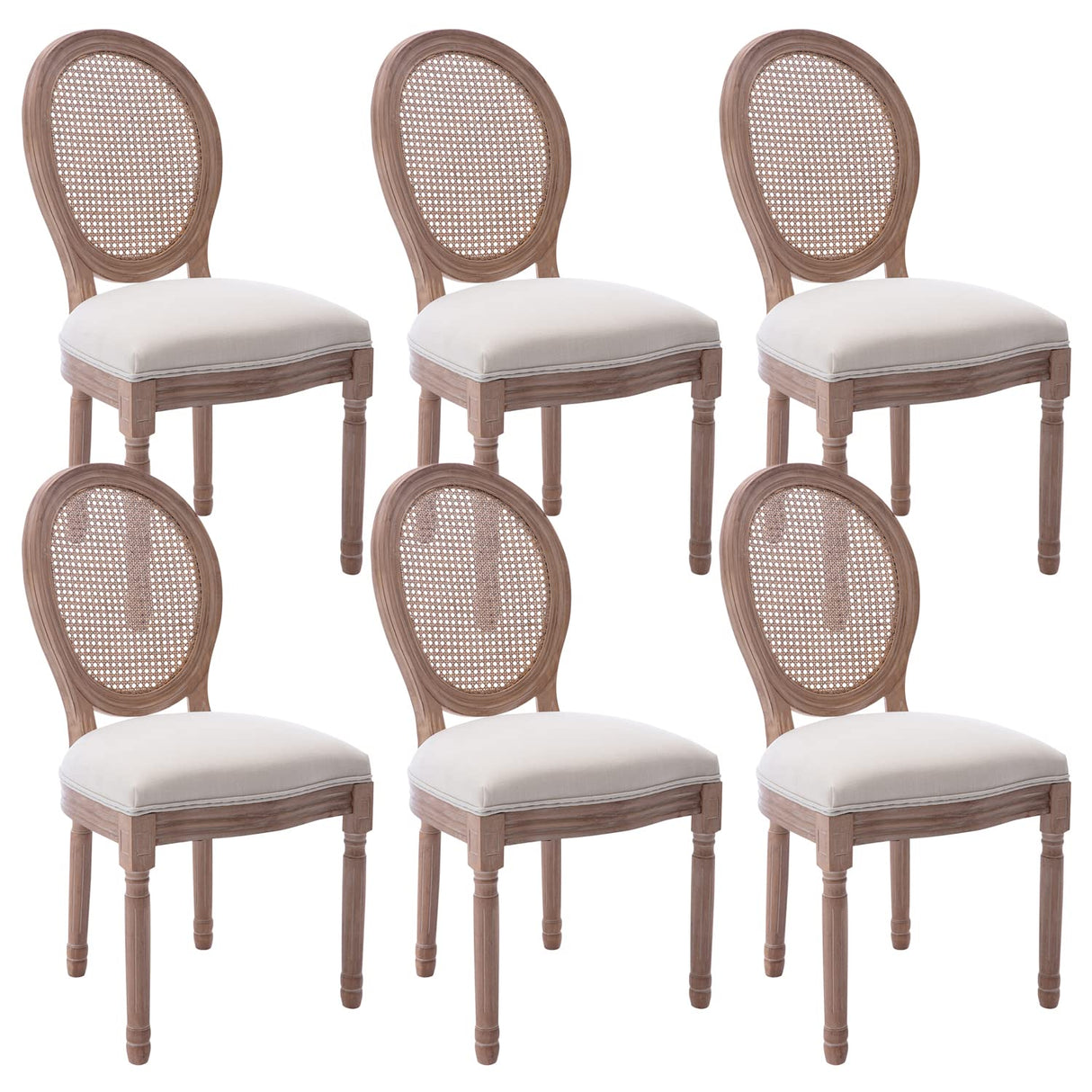 Virabit French Dining Chairs Set of 6, Rattan Farmhouse Upholstered Dining Chairs with Curved Backrest and Beautifully Carved Solid WoodFrame for Living Room, Kitchen, Restaurant Virabit