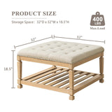 Befurtori Large Square Ottoman Coffee Table, Linen Solid Upholstered Footrest Ottoman with Solid Wood Shelf Storage Tufted Coffee Table for Bedroom Living Room-Ivory Befurtori