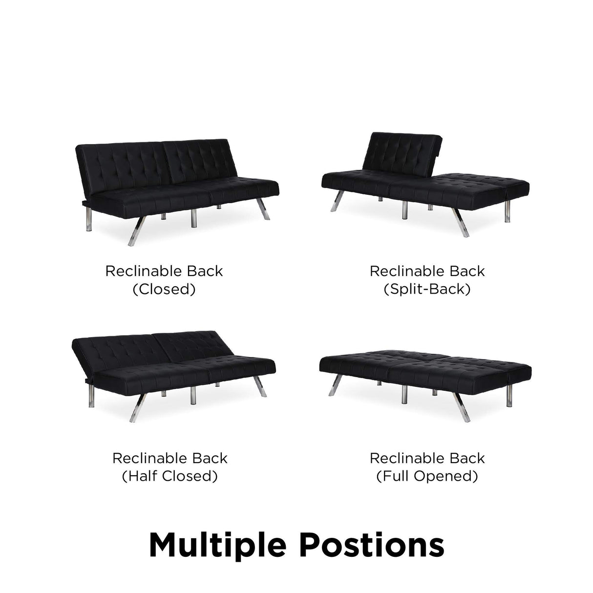 DHP Emily 71 Inch Futon Sofa Bed, Armless Upholstered Couch Sleeper with Tufted Back and Seat, Mid-Century Modern, Black Faux Leather DHP