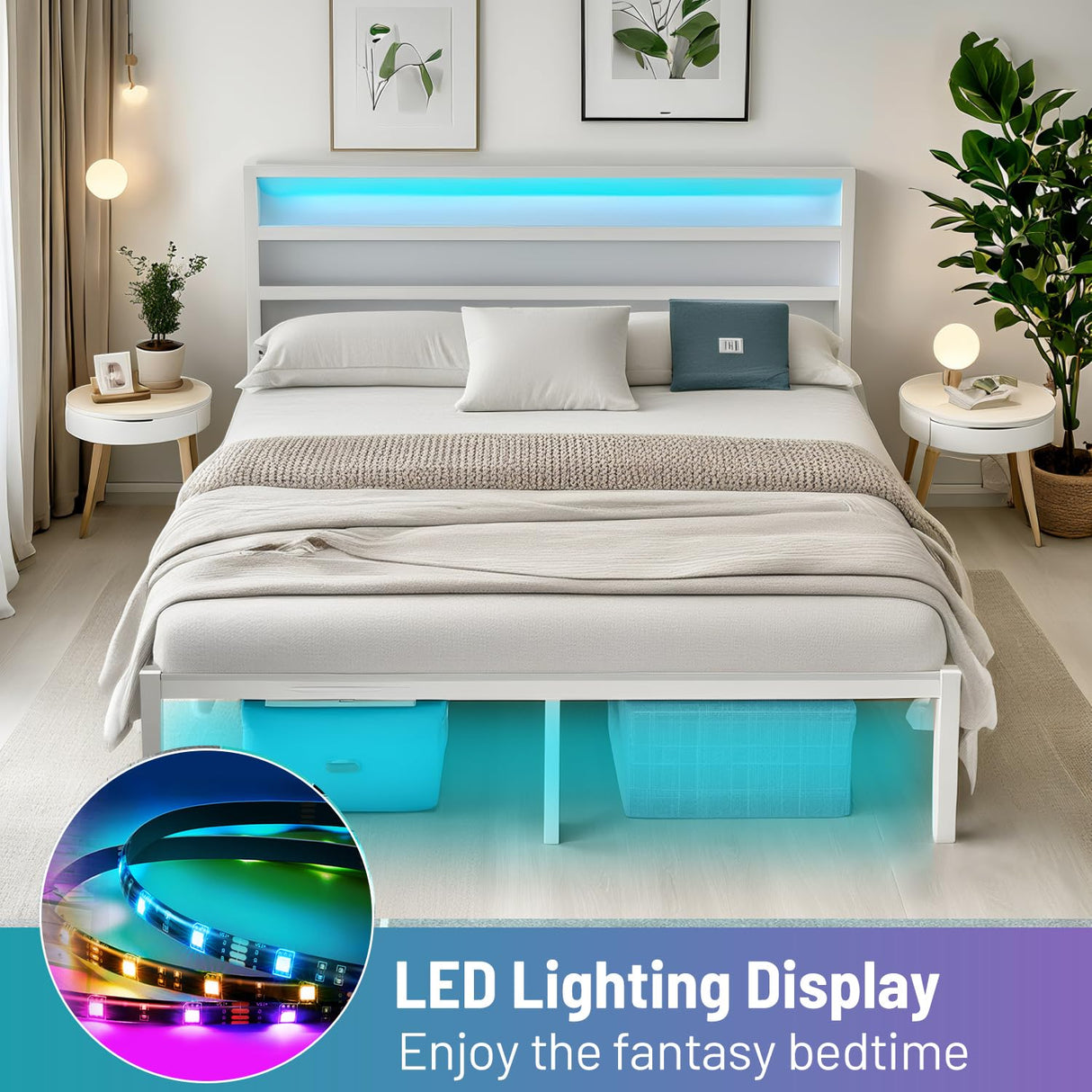 CLIBFENG Full Size Bed Frame with Headboard,Heavy Duty Steel Slats Support-LED Bed Frame with USB Charging Station,Metal Platform Bed Frame-Under Bed Storage, No Box Spring Needed, Noise Free,White CLIBFENG