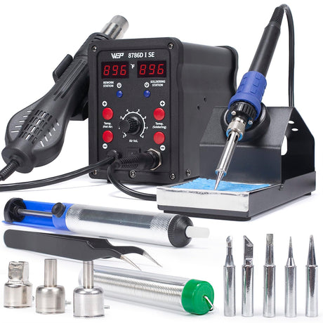 WEP 8786D-I SE Hot Air Soldering Iron Station Kit 2-IN-1 for Rework, Desoldering with Lead-Free Solder Wire, 5 Soldering Tips, 3 Hot Air Nozzles,Tweezers, Desoldering Pump WEP