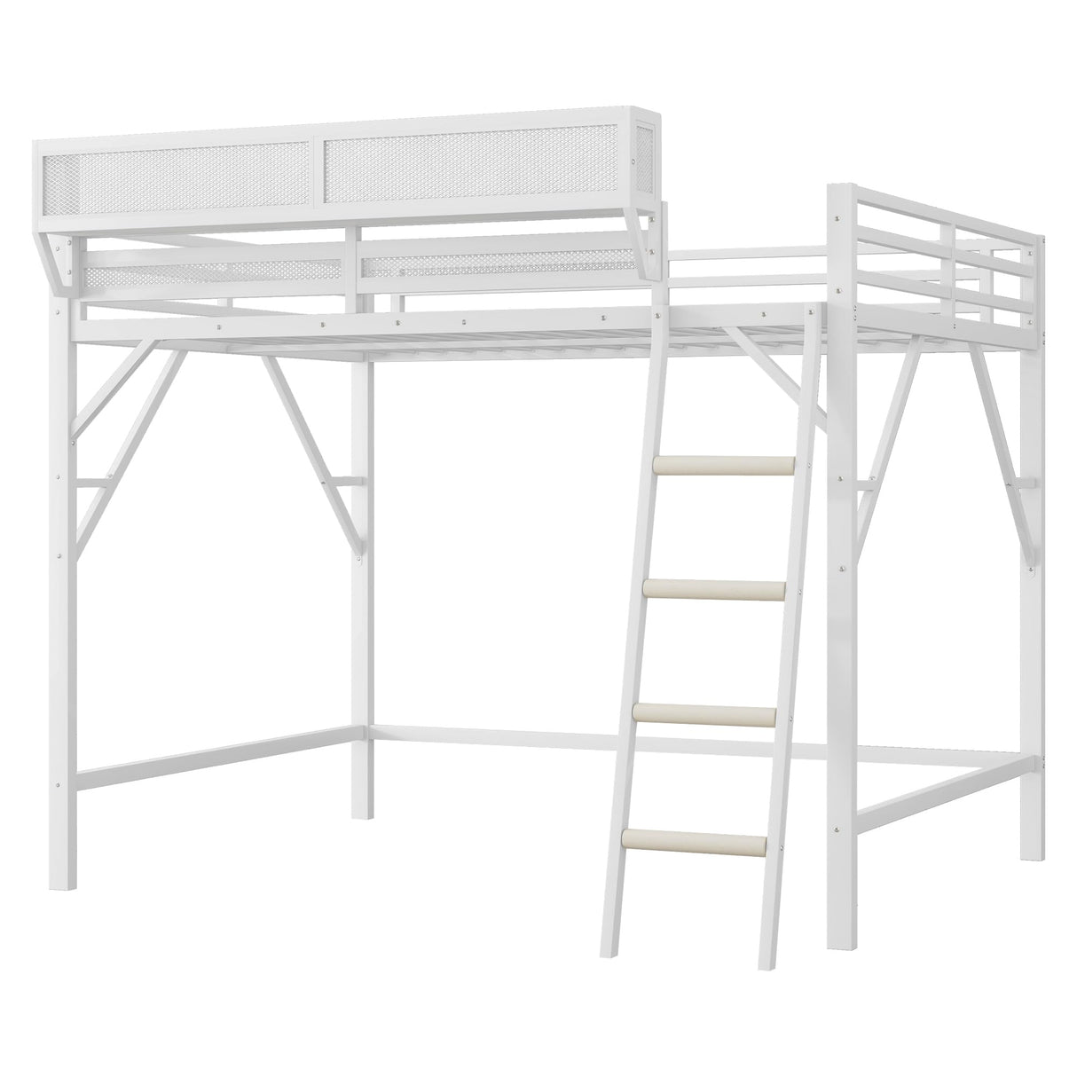 TEVUTEVU Queen Size Metal Loft Bed with Storage Shelves and Ladder, High Sleeper Bed with 400LBS Capacity for Kids Teens, White (White + Metal, Queen) TEVUTEVU