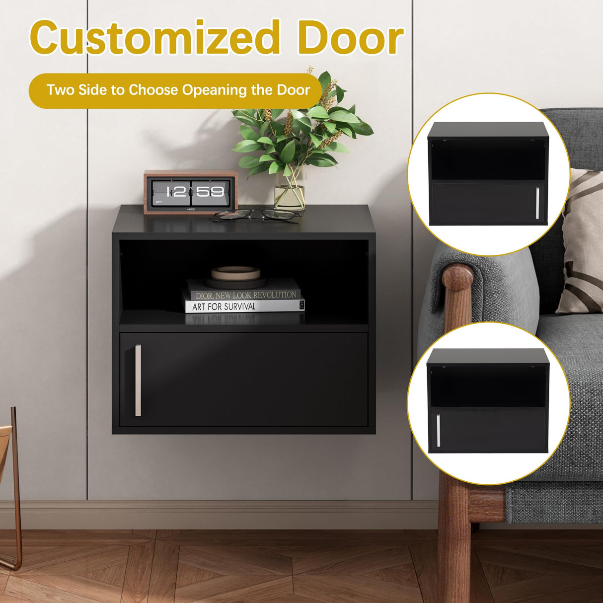 JAXPETY Wall Floating Nightstand Set of 2 Modern Side Table Wall Mounted Shelf with Cabinet Storage for Living Room, Bedroom, Dorm, Black JAXPETY