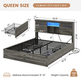 VIAGDO Wooden Bed Frame Queen Size with Bookcase Headboard and Sliding Barn Door, Farmhouse Queen Bed Frame with Charging Station, LED Lights and 4 Storage Drawers, No Box Spring Needed, Grey VIAGDO