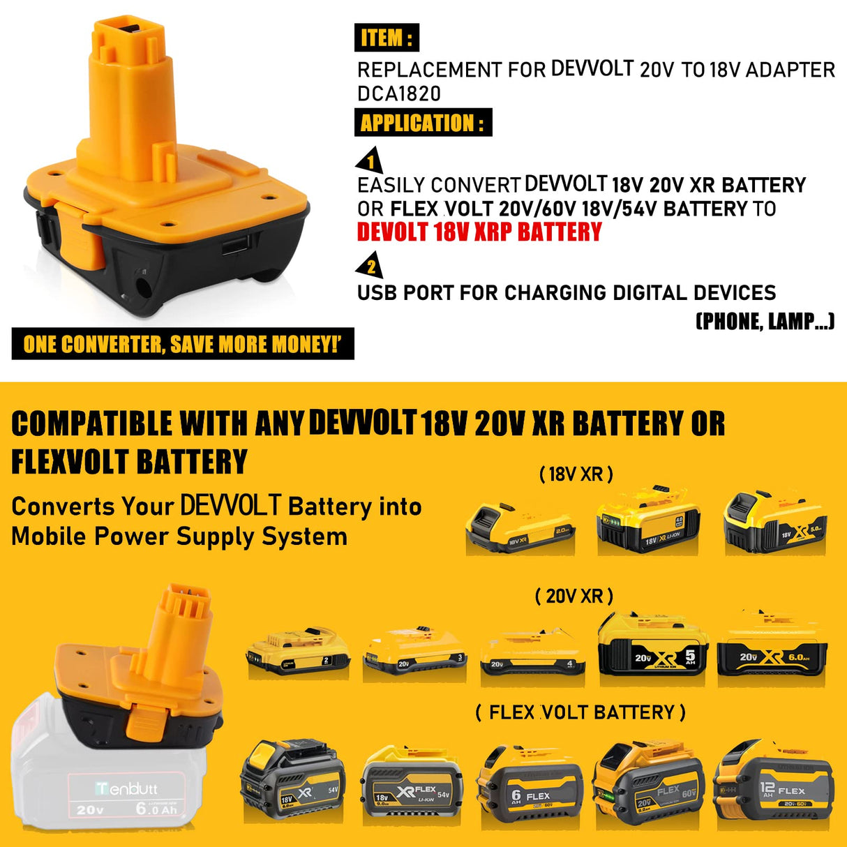 TenHutt 【with USB】 Replace for Dewalt 18V to 20V Battery Adapter Converter DCA1820 for Dewalt 18V Tools, Convert Dewalt 20V Battery DCB203 DCB206 to Dewalt 18V XRP NiCd NiMh Battery DC9098 DC9096 TenHutt