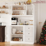 Irontar 70.9'' Kitchen Pantry Cabinet, Kitchen Hutch with Microwave Stand & Charging Station, Farmhouse Tall Kitchen Cabinet with Countertop, Bar Cabinet with Drawer and Glass Doors, White CWG011WE Irontar