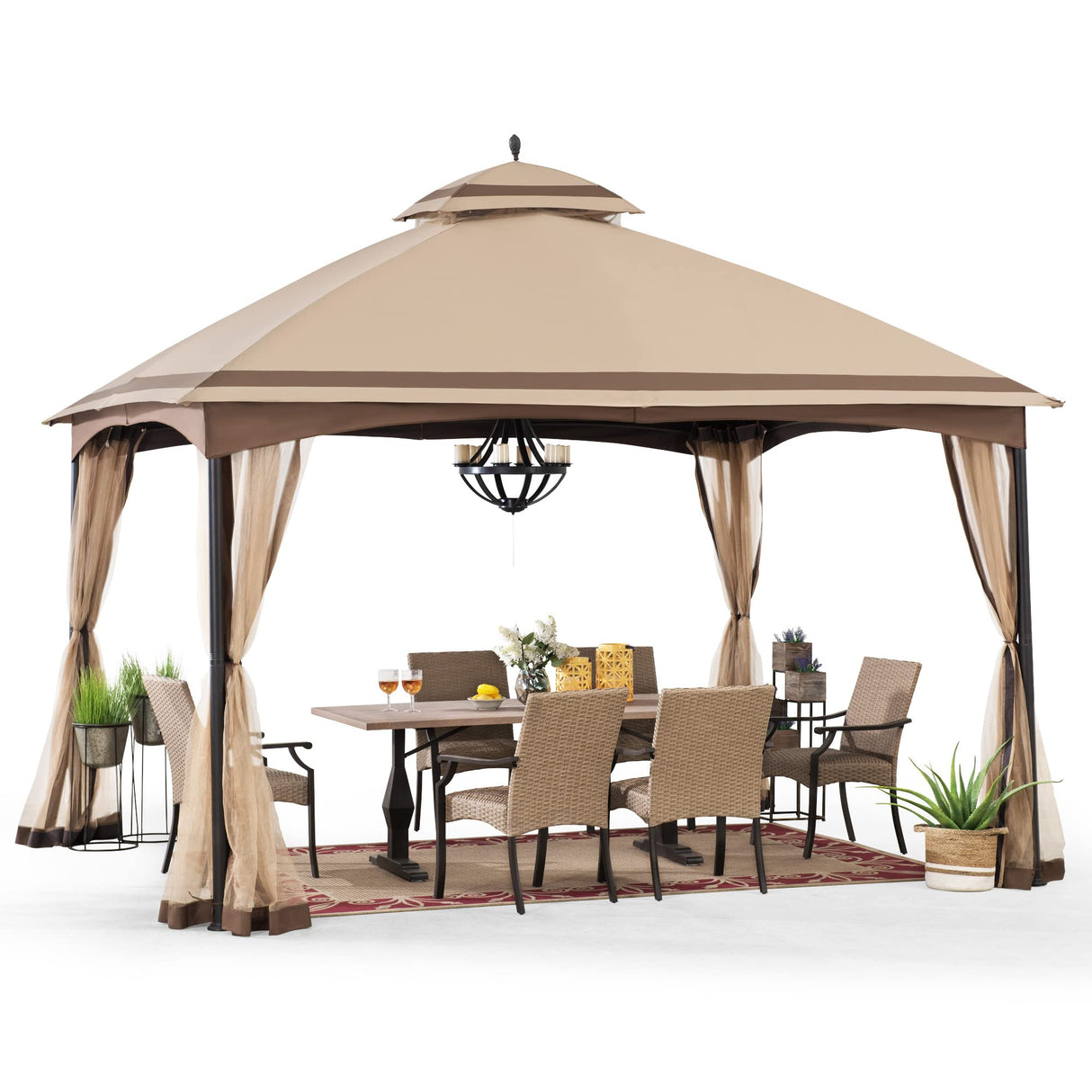 Sunjoy Pendleton 10.5 x 13 ft. 2-Tier Steel Gazebo, Tan & Brown Sunjoy