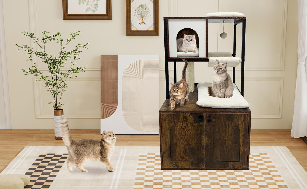 Cat Tree with Litter Box Enclosure | Modern Cat Tower with Condo, Hammock, Scratching Post, and Hanging Ball | Indoor Wooden Pet House with Removable Washable Cushions Hipicute