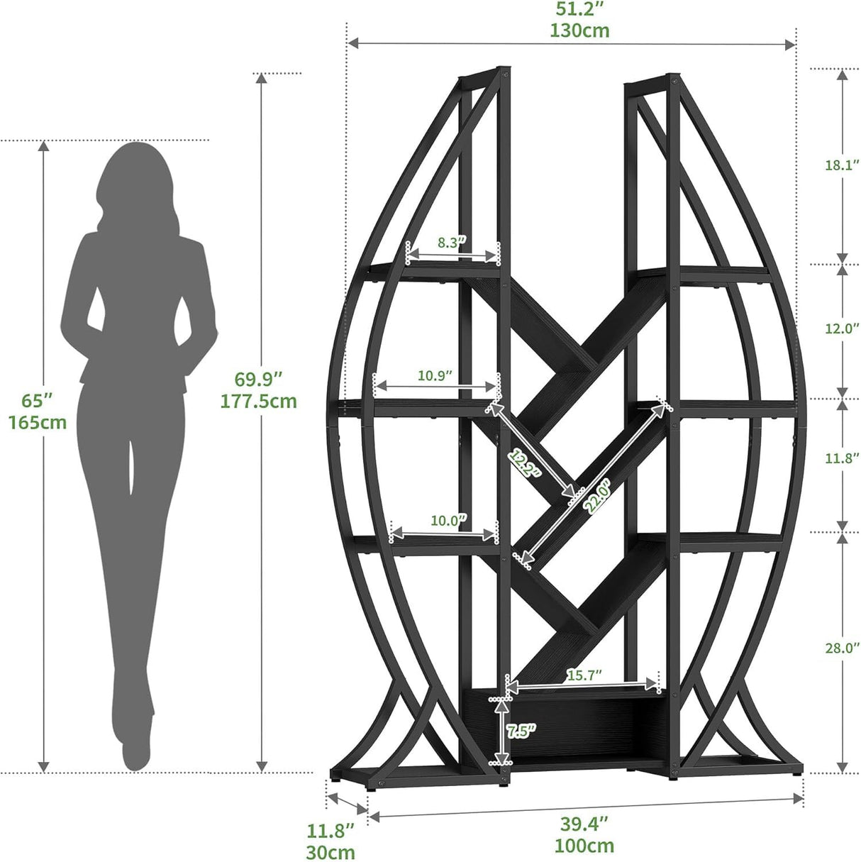 GOOBED Oval Bookshelf, Triple Wide 5 Tier Etagere Bookcase, Industrial Display Shelves Tree Bookshelf for Living Room, Bedroom, Home Office, Black GOOBED