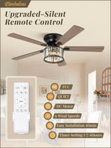 56 Inch Farmhouse Chandelier Ceiling Fan with Remote Control, Black Indoor Crystal Ceiling Fan with 6-Speeds, Quiet Reversible DC Motor, Flush Mount Ceiling Fan with Lights for Bedroom, Living Room Fanbulous