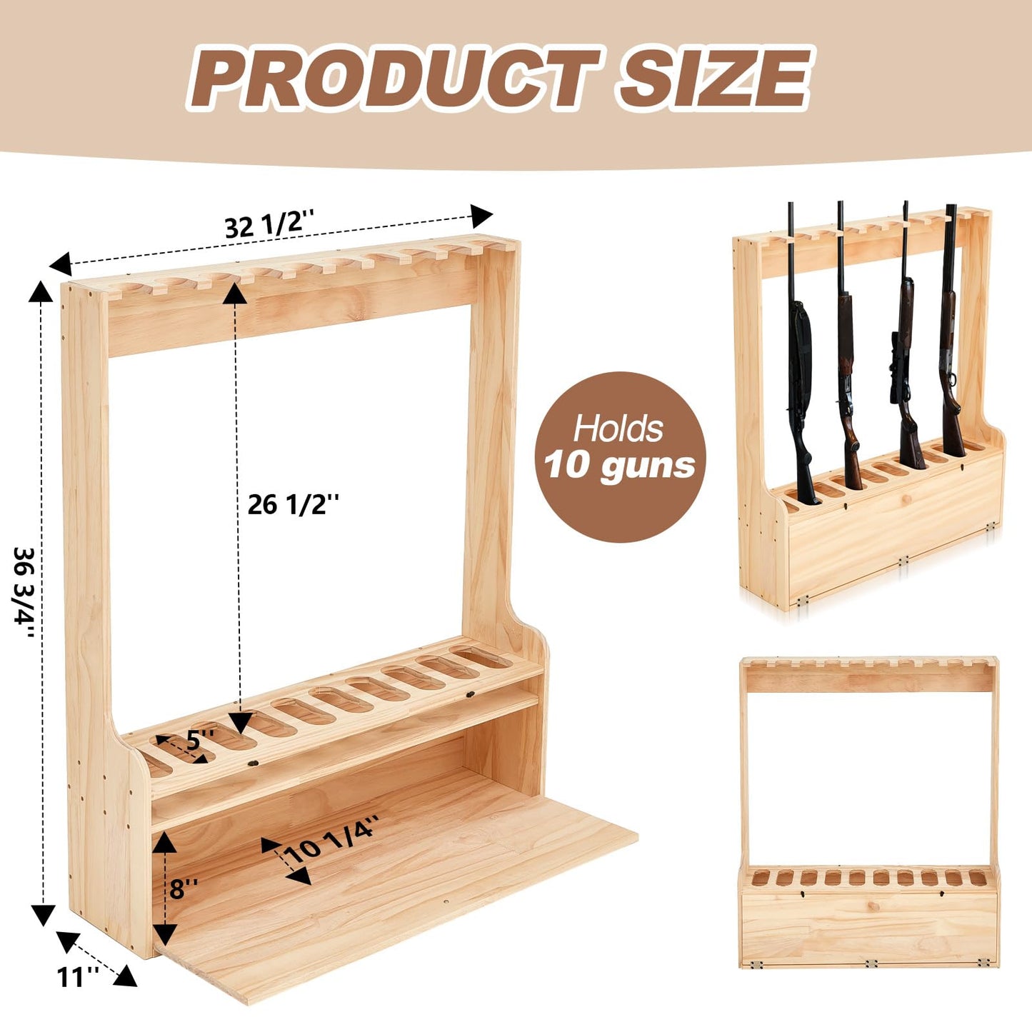 Soaoo Gun Rack with Storage Wood Gun Storage Display Rack Solid Pine Standing Gun Storage Rack Standing Rifle Rack Shotgun Storage Display Rack (10 Gun Floor Rack) - WoodArtSupply