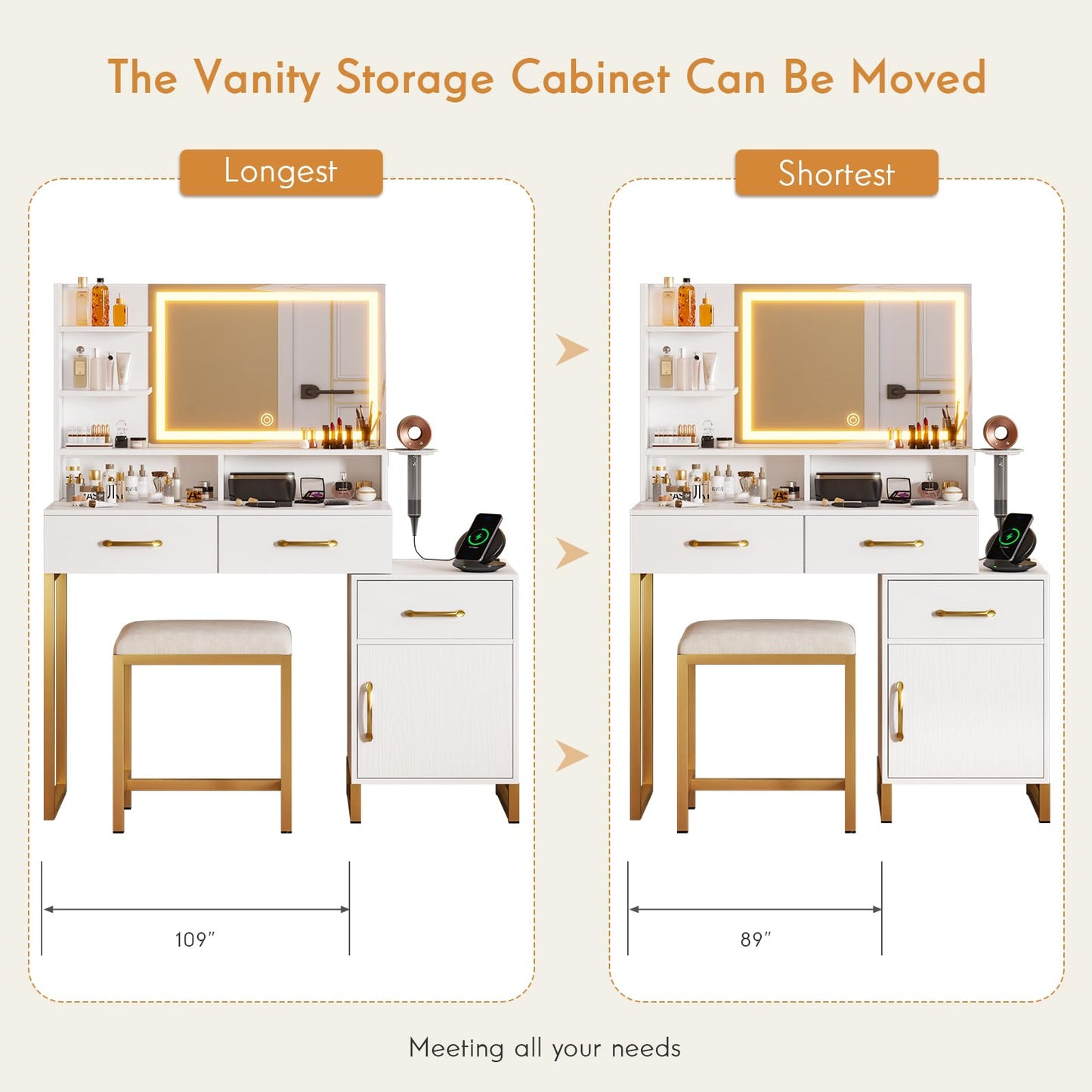 REVOMINCA Vanity Desk with Mirror and Lights, Modern Makeup Vanity with Charging Station, White & Gold Vanity Table with 3 Drawers & Cabinet, 3 Lighting Modes Brightness Adjustable, Bedroom - WoodArtSupply